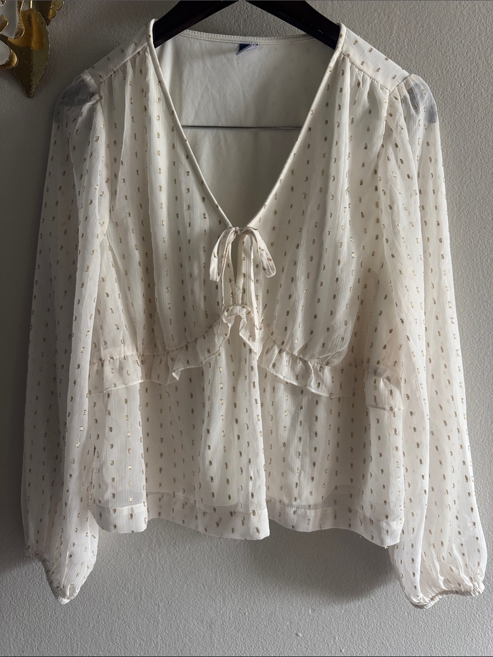 Old Navy Cream Sheer Tie-Front Blouse with Gold Dots